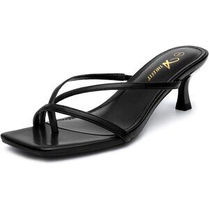 Athlefit Women's Black Polyurethan Square Open Toe Kitten Heels Thong Sandals